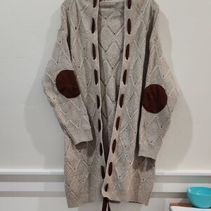 Women's Beige Knit Cardigan with Brown Accents